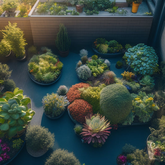 A vibrant, aerial view of a lush rooftop garden, with a mix of vibrant, leafy greens and colorful flowers, including succulents, herbs, and veggies, surrounded by sleek, modern cityscape.