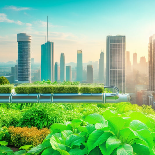 An illustration of a rooftop hydroponic system, featuring a network of white PVC pipes, transparent tubes, and misting nozzles, amidst a lush green backdrop of thriving plants and a cityscape in the distance.