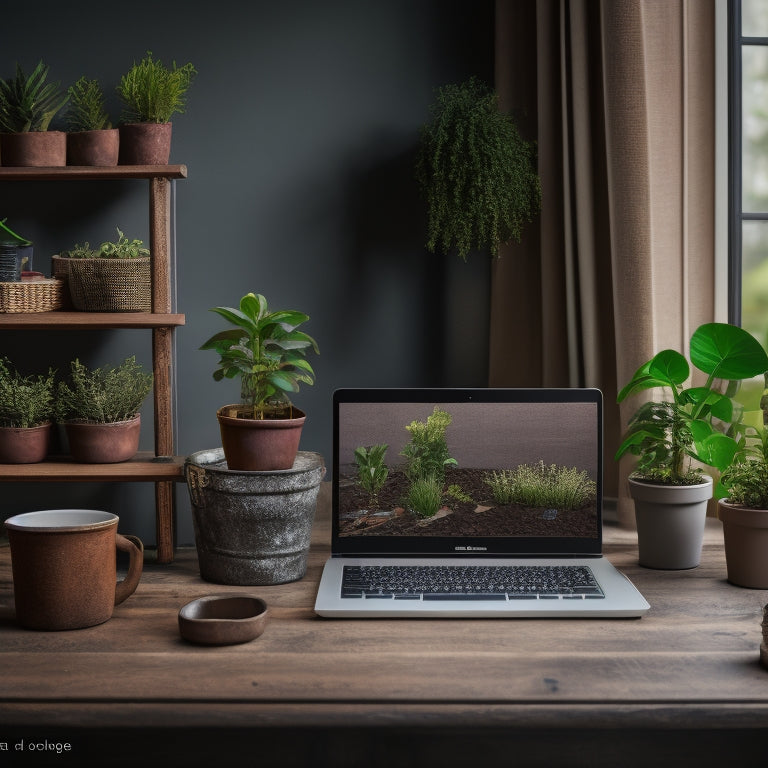 A modern, well-lit, and organized online shopping platform with a laptop and planter building supplies, including pots, soil, and gardening tools, arranged neatly on a wooden desk.