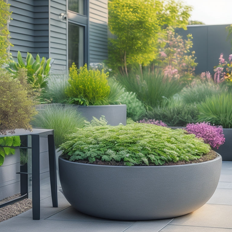 A modern backyard patio with a sleek, gray concrete planter box featuring a curved, undulating design, overflowing with lush greenery and vibrant flowers, surrounded by minimalist outdoor furniture.