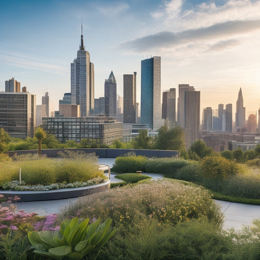 A sprawling rooftop garden with lush greenery, vibrant flowers, and a serene pond reflecting a clear blue sky, surrounded by sleek city skyscrapers in the background.