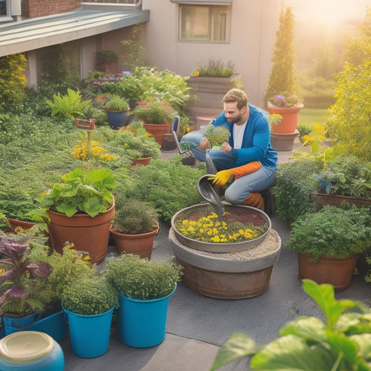 A rooftop vegetable garden with lush green plants and vibrant flowers, a gardener kneeling amidst the foliage, holding a watering can and surrounded by scattered fertilizer packets and gardening tools.