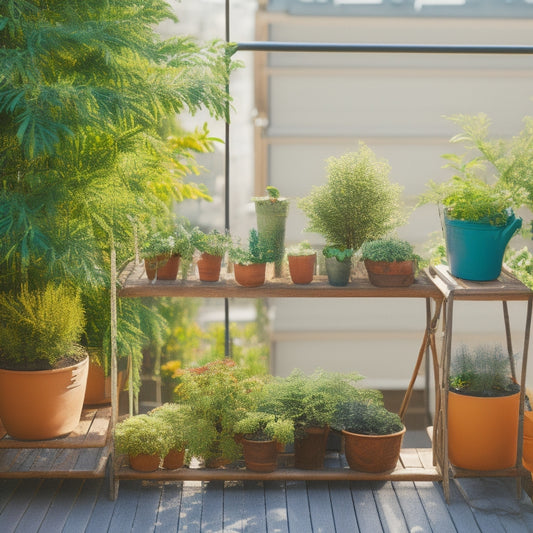 A sunny urban balcony with a small wooden planter, a few potted herbs, and a DIY trellis made from a repurposed ladder, surrounded by a few empty pots and a watering can.