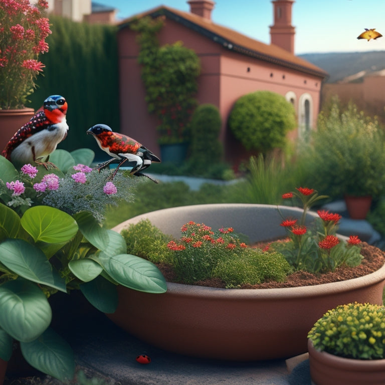 An illustration of a lush rooftop garden with a mix of flowering plants and greenery, featuring a ladybug perched on a leaf, a toad hiding behind a terracotta pot, and a few birds flying in the background.