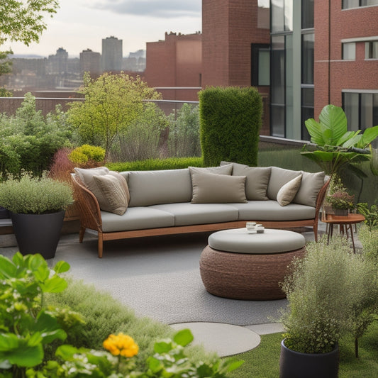 A serene rooftop garden with a lush green lawn, vibrant flowers, and a compact, curved sofa in a natural wood tone, accompanied by a small, round coffee table and two sleek, minimalist chairs.