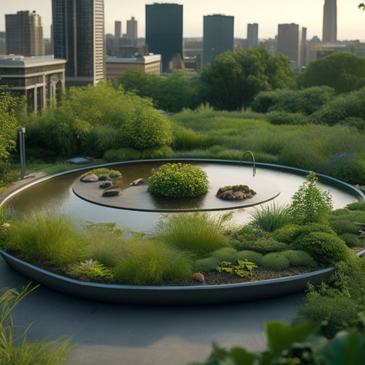 A serene, lush green rooftop with a functioning rainwater harvesting system, featuring a sleek, modern tank, and a thriving garden with diverse plants and a small pond, surrounded by a bustling cityscape.
