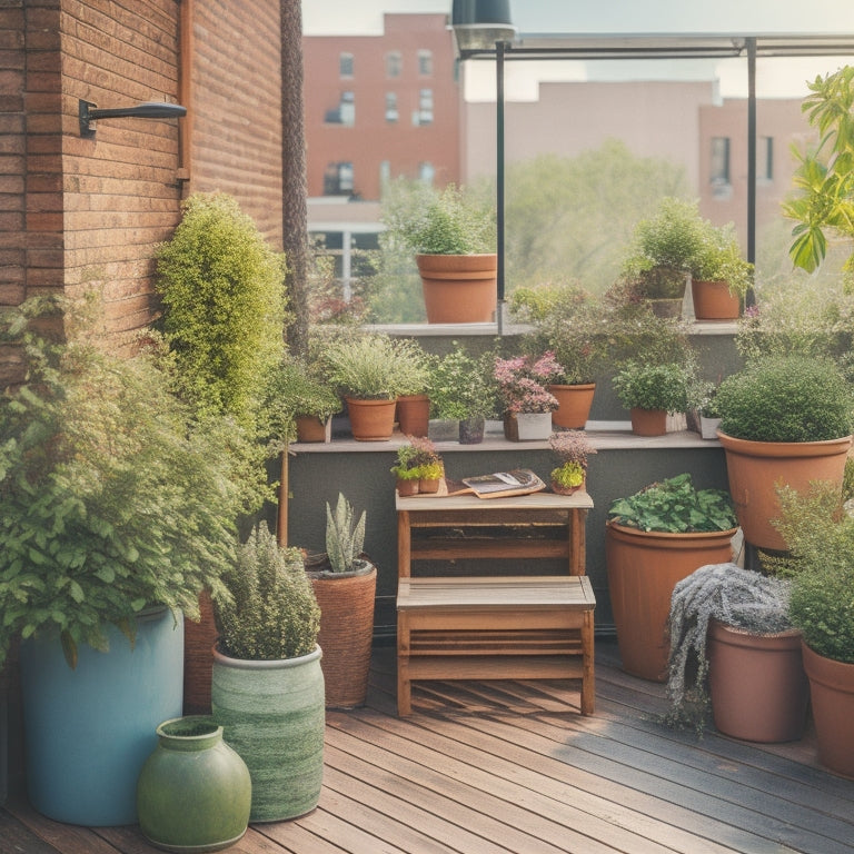 A serene rooftop oasis with a mix of potted plants, vibrant flowers, and lush greenery, featuring repurposed wooden crates, DIY trellises, and a small seating area with a vintage bench.