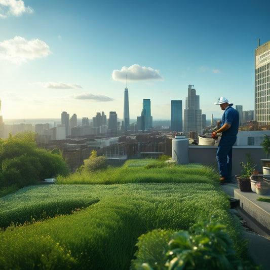 A serene cityscape with a lush green roof in the foreground, featuring a maintenance worker inspecting plants, surrounded by scattered tools and a water hose, under a sunny blue sky with fluffy white clouds.