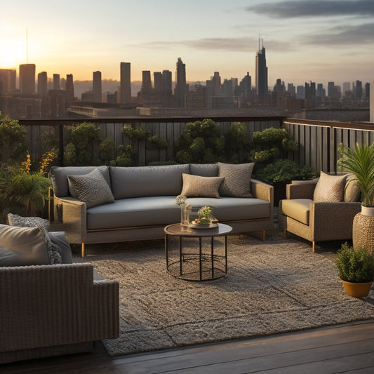 A serene rooftop garden scene with a petite sectional sofa in a natural rattan frame, a compact bistro set, and a sleek, space-saving planter against a city skyline backdrop at sunset.