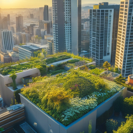 Aerial view of a rooftop garden with tiered hydroponic systems, lush greenery, and vibrant flowers, surrounded by a modern cityscape with sleek skyscrapers and bustling streets.