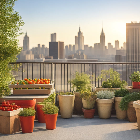 A rooftop balcony with a small wooden trellis, three tiered planters, and a dozen cherry tomatoes in various stages of ripeness, surrounded by lush greenery and a cityscape in the background.