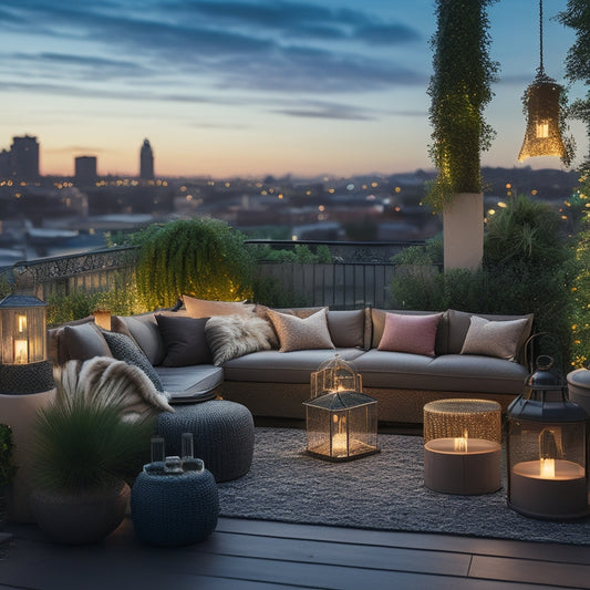 A serene rooftop oasis at dusk, with twinkling string lights, lanterns, and candles surrounding a plush lounge area, amidst lush greenery and a cityscape backdrop.