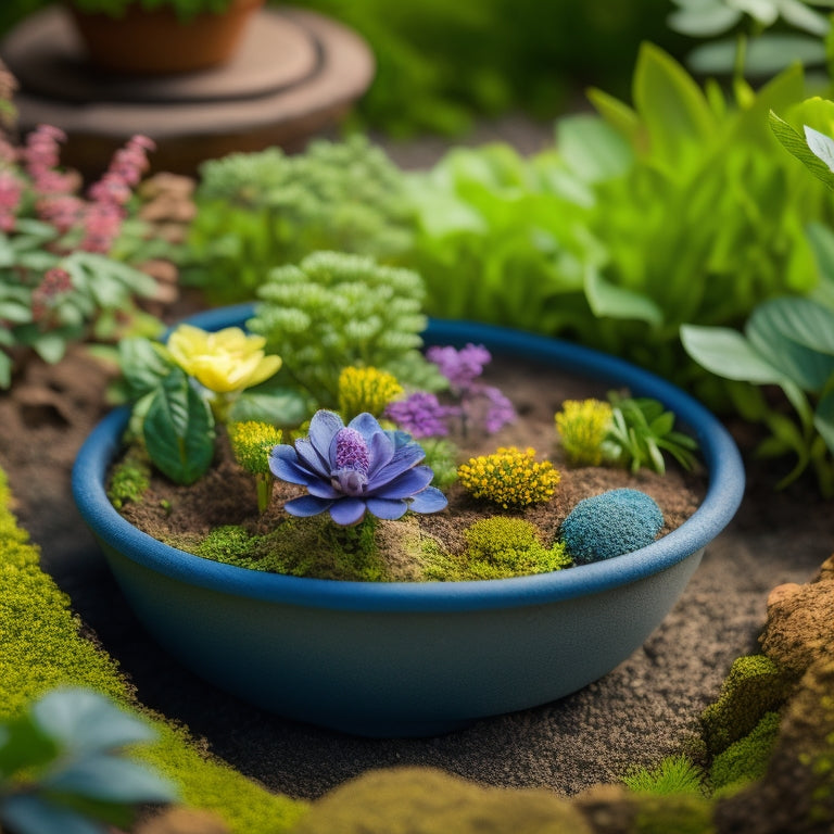 A serene miniature garden in a small planter, with lush greenery and vibrant flowers, featuring a subtle, curved drainage channel and small, unobtrusive holes in the planter's bottom.
