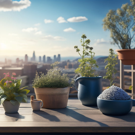 A serene rooftop scene with a miniature wooden planter, empty pots, a watering can, and a few scattered seeds, surrounded by a cityscape with a bright blue sky and fluffy white clouds.