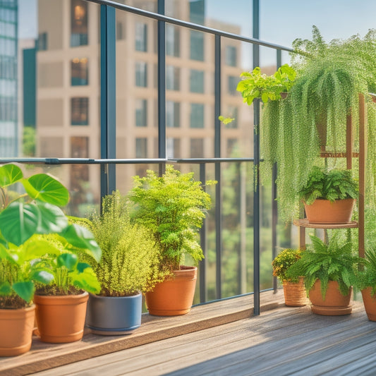 A bright, modern balcony with 5-7 varied DIY vertical planters, lush green plants, and a minimalist wooden or metal trellis, against a blurred cityscape or natural background.
