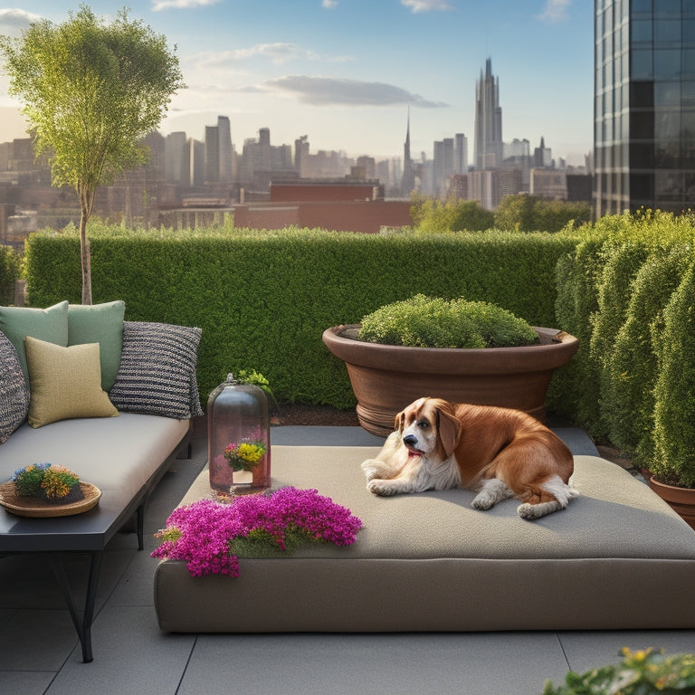 A serene rooftop garden with lush greenery, vibrant flowers, and a small dog lounging on a plush cushion, surrounded by modern outdoor furniture and a cityscape in the background.