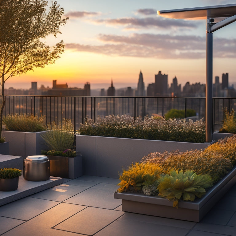 A serene rooftop garden with a mix of rectangular planters, circular pots, and built-in benches, surrounded by a sleek metal railing, set against a backdrop of a cityscape at sunset.