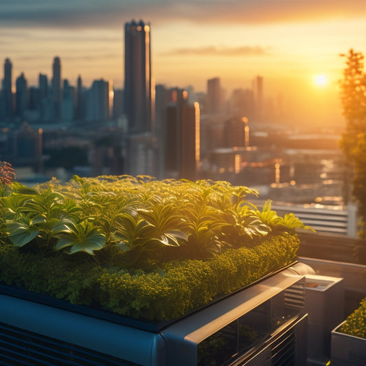 A futuristic rooftop hydroponic garden with rows of lush green plants, surrounded by sleek climate control panels, misting systems, and sensors, set against a cityscape backdrop at sunset.