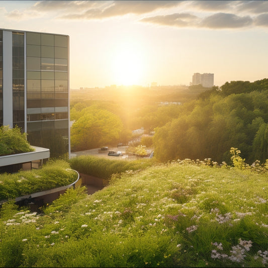 A serene, modern building with a lush, verdant green roof, complete with blooming flowers and shrubs, surrounded by a bustling cityscape with a faint, sunny glow.