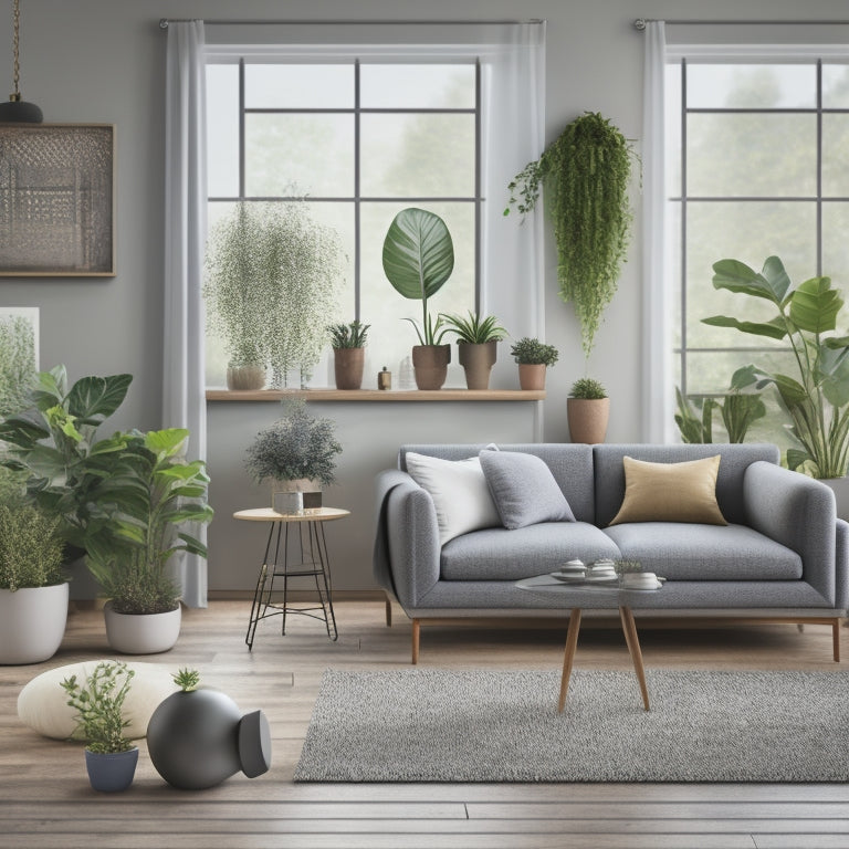 An illustration of a spacious living room with multiple planters of varying shapes and sizes, with measuring tape and ruler incorporated, against a calming greenery backdrop.