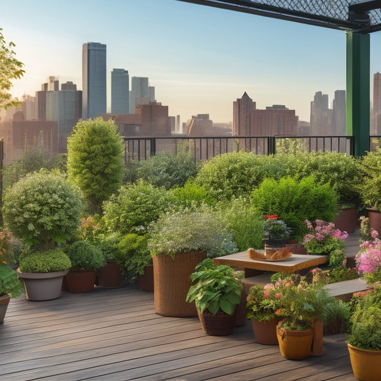 A rooftop garden with a trellis, vertical planters, and a small seating area, surrounded by a railing with a cityscape in the background, with lush greenery and vibrant flowers.