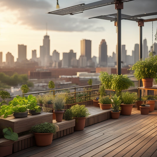 A serene rooftop hydroponic garden with lush greenery, a trellis system, and a misting irrigation setup, surrounded by a sleek wooden railing and a cityscape in the background.