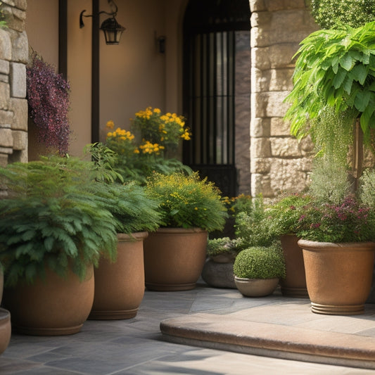 A serene patio scene with three vertical planters, each 5-6 feet tall, overflowing with lush greenery and vibrant flowers, against a warm, sunny backdrop with natural stone flooring and a wooden pergola.