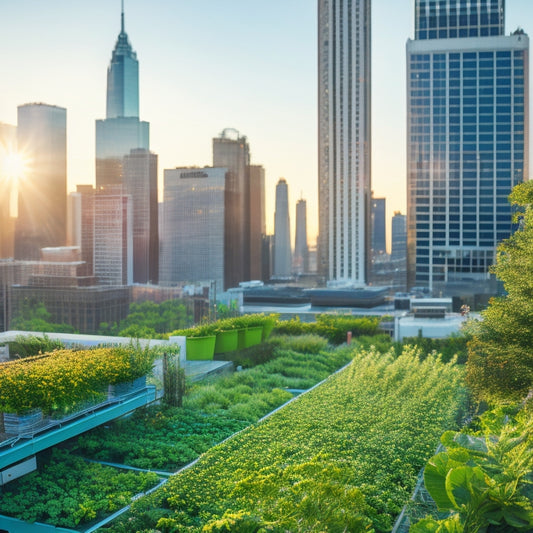 A bustling cityscape with a rooftop garden overflowing with lush greenery, trellises, and vibrant flowers, surrounded by skyscrapers and featuring a prominent vertical farm with hydroponic systems.