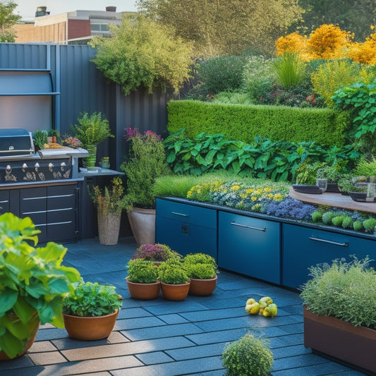 A serene rooftop container garden layout with a mix of lush green plants, colorful blooms, and edible herbs, surrounding a sleek outdoor kitchen with a large grill and dining area.