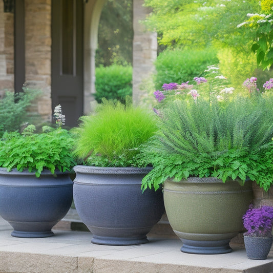 A serene outdoor setting with three large planters of varying shapes and sizes, filled with lush greenery and colorful blooms, placed on a natural stone patio surrounded by a tranquil garden.