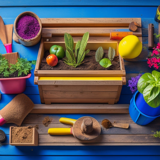 A colorful and organized illustration depicting a wooden or plastic planter box in the center, surrounded by stacked bags of potting soil, potted plants, wooden blocks or bricks, and gardening tools like a trowel and gloves.