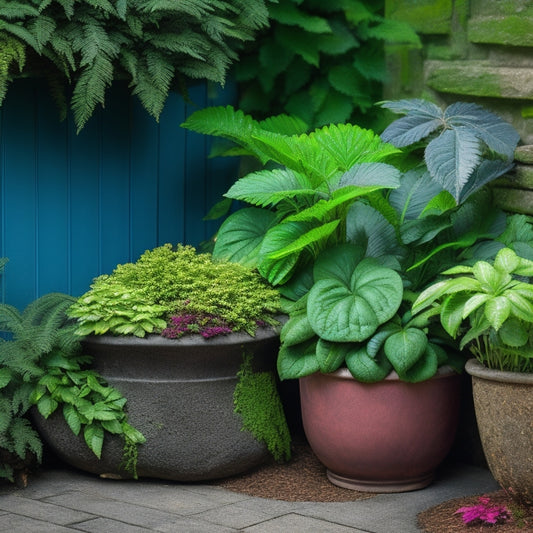 A lush, vibrant shade garden overflowing from a weathered, gray concrete planter, with ferns, hostas, and astilbe spilling over the edges, set against a misty, moss-covered stone wall.