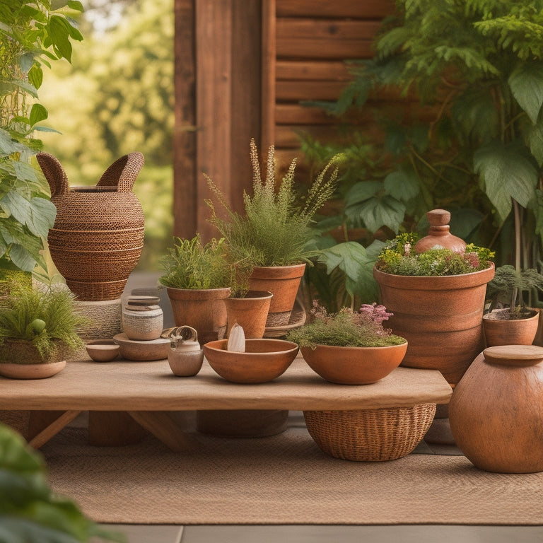 A beautiful, rustic wooden table adorned with a variety of planters in different shapes, sizes, and materials, such as terracotta, ceramic, and woven wicker, surrounded by lush greenery.