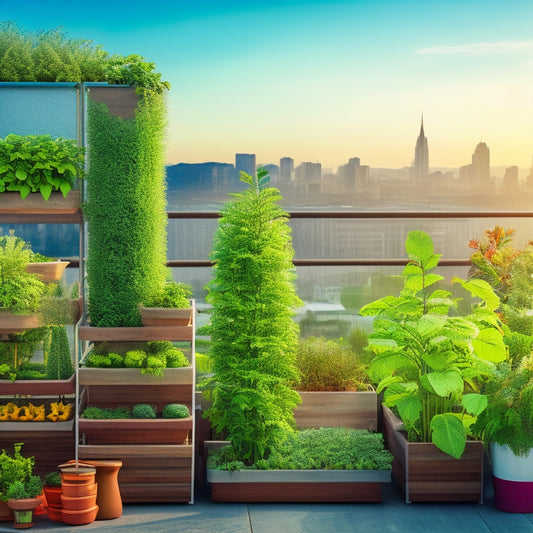 An illustration of a rooftop garden with a variety of vertically-stacked planters, hydroponic tubes, and trellises, showcasing a thriving mix of leafy greens, herbs, and vines amidst a cityscape backdrop.