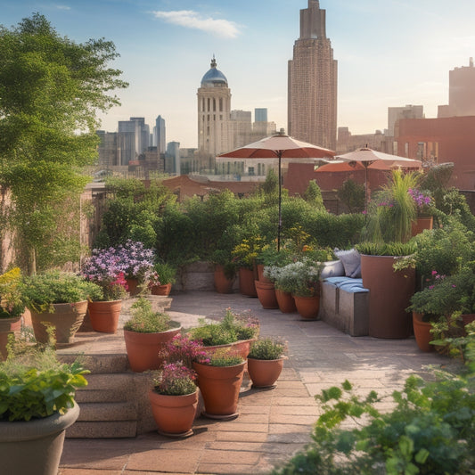 A serene rooftop garden in a hot climate, with lush greenery, vibrant flowers, and a small seating area shaded by a wooden pergola, surrounded by terracotta pots and a cityscape in the background.
