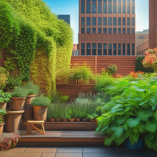 A rooftop with a lush, thriving vertical garden, featuring a trellis system with climbing vines, rectangular planters with leafy greens, and a wooden bench surrounded by potted herbs and flowers.