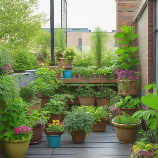 A serene rooftop container garden with lush greenery and vibrant flowers, showcasing tiered planters, hanging baskets, and a trellis system, maximizing corner space and creating a cozy oasis.