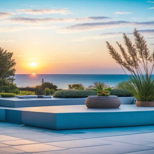 A serene rooftop garden overlooking a turquoise ocean, featuring lush greenery, driftwood planters, and a statement sculpture, set against a warm sunset sky with a few wispy clouds.