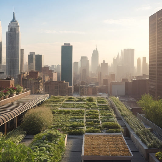 A serene rooftop scene with lush greenery, rows of thriving vegetables, and a few beehives, surrounded by a bustling cityscape with skyscrapers and busy streets in the background.