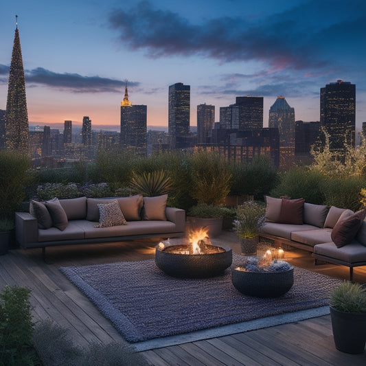 A serene rooftop garden at dusk, featuring a crackling fire pit surrounded by plush outdoor seating, lush greenery, and twinkling string lights, with a cityscape silhouette in the background.