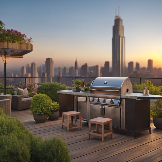 A serene rooftop scene with lush greenery, a modern BBQ grill, and sleek outdoor furniture, set against a warm sunset sky with cityscape views in the background.