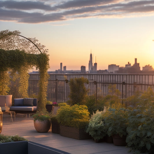 A serene rooftop garden with a mix of climbing plants, like ivy and clematis, wrapped around a modern metal trellis, set against a city skyline at sunset with warm golden lighting.