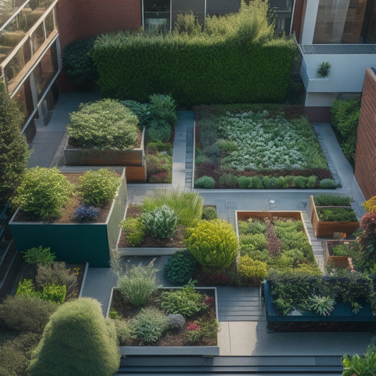 An aerial view of a compact rooftop garden, showcasing a mix of rectangular planters, trellises, and vertical gardens, with lush greenery and vibrant flowers, placed around a small seating area.