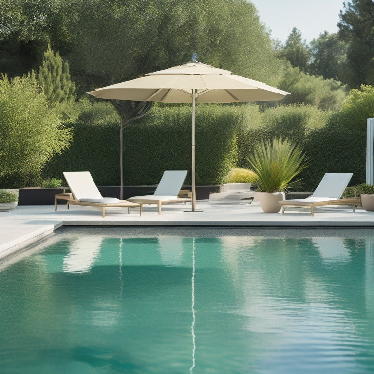 A serene poolside scene with varying sizes of cinder planters, each filled with lush greenery, placed around a sleek, modern pool, surrounded by sleek lounge chairs and a few strategically placed umbrellas.