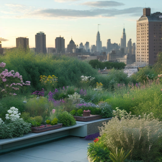 A rooftop garden with lush greenery and vibrant flowers, surrounded by a white powdery border of diatomaceous earth, with a few dead insects scattered around, and a faint cityscape in the background.