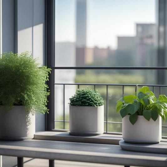 A minimalist, modern apartment balcony with three cinder block planters of varying sizes, overflowing with lush greenery and vibrant flowers, against a neutral-colored cityscape backdrop.
