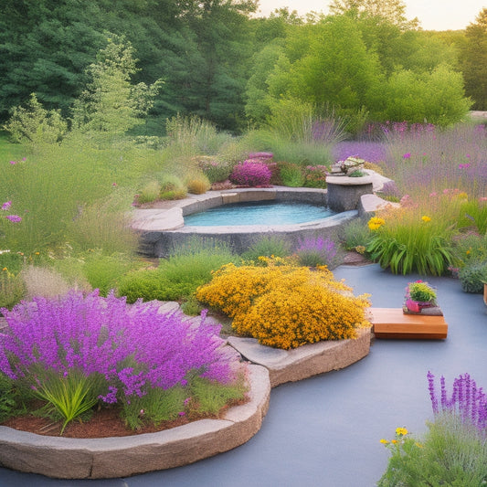 A serene rooftop garden with a mix of native wildflowers, lavender, and coneflowers in bloom, surrounded by wooden planters, a small pond with water lilies, and a few scattered rocks and stones.