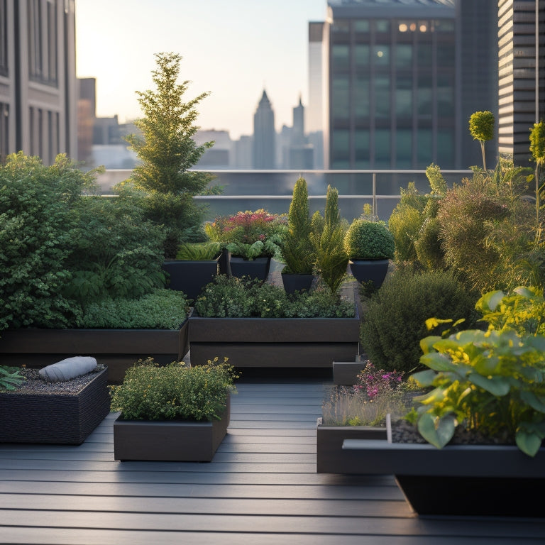 A serene rooftop garden with a small, symmetrical arrangement of rectangular planters, each containing a mix of lush greenery and vibrant flowers, surrounded by a minimalist wooden deck and a subtle cityscape backdrop.