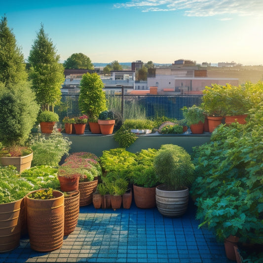 A rooftop garden overflowing with lush, vibrant vegetables in raised beds, surrounded by a trellis with climbing plants, and adorned with a mix of modern and rustic planters under a bright blue sky.