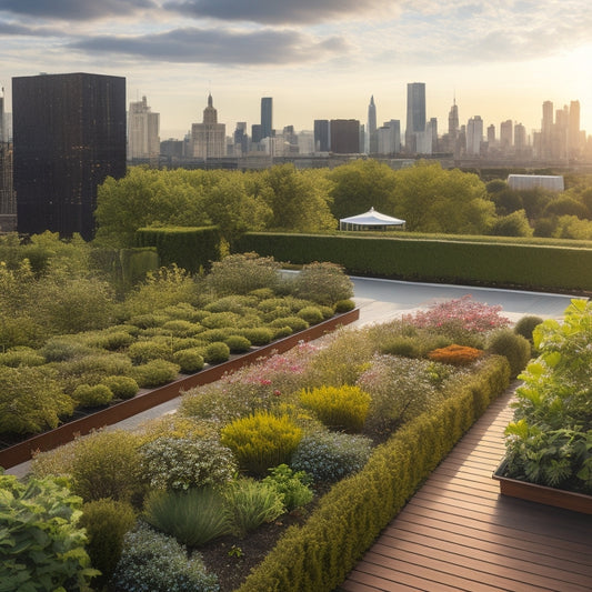 A serene rooftop garden with lush greenery, vibrant flowers, and a meandering path, seamlessly integrating sleek, black solar panels into the landscape, surrounded by tall trees and a cityscape in the background.